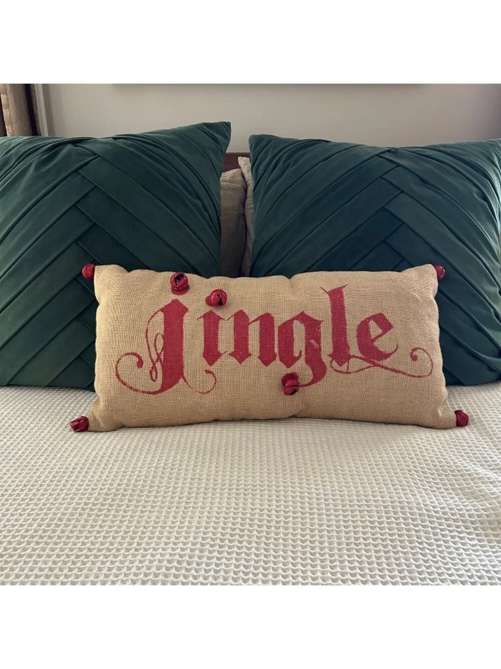 POTTERYBARN “Jingle” Holiday Throw Pillow with Bells Burlap & Red Christmas